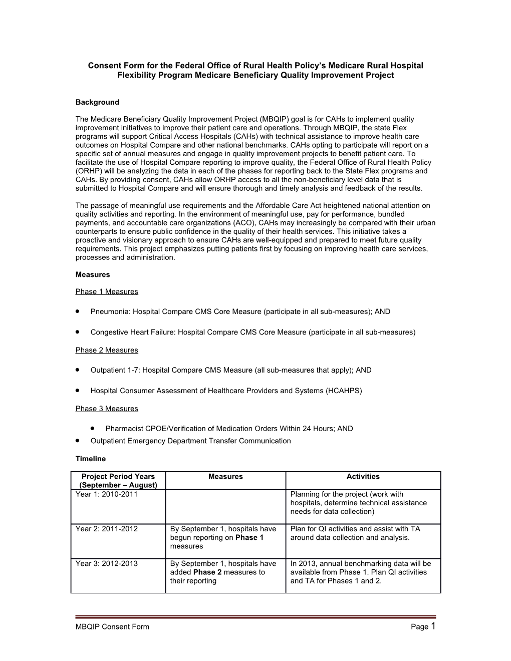 Consent Form for the Federal Office of Rural Health Policy S Medicare Rural Hospital