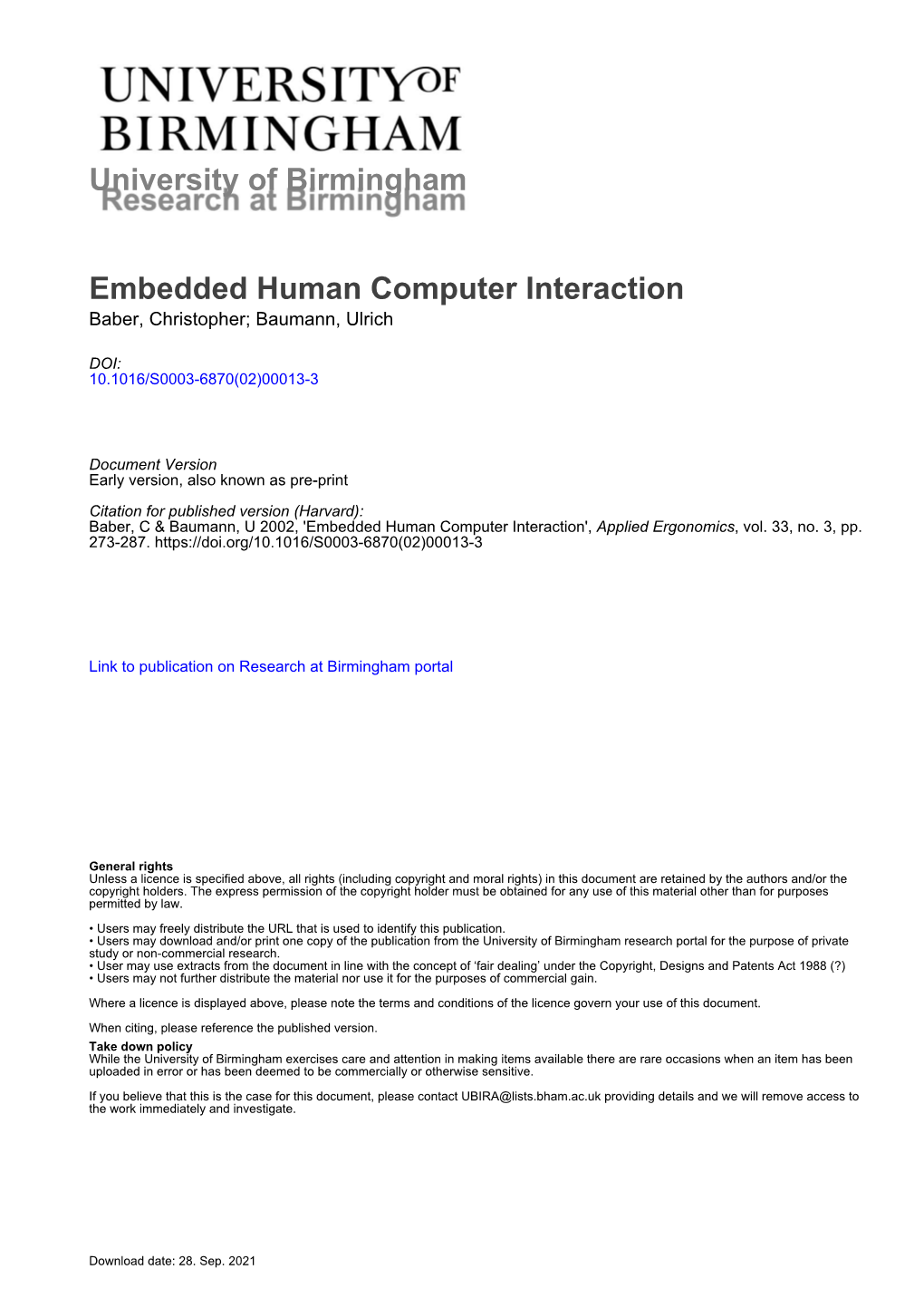 University of Birmingham Embedded Human Computer Interaction