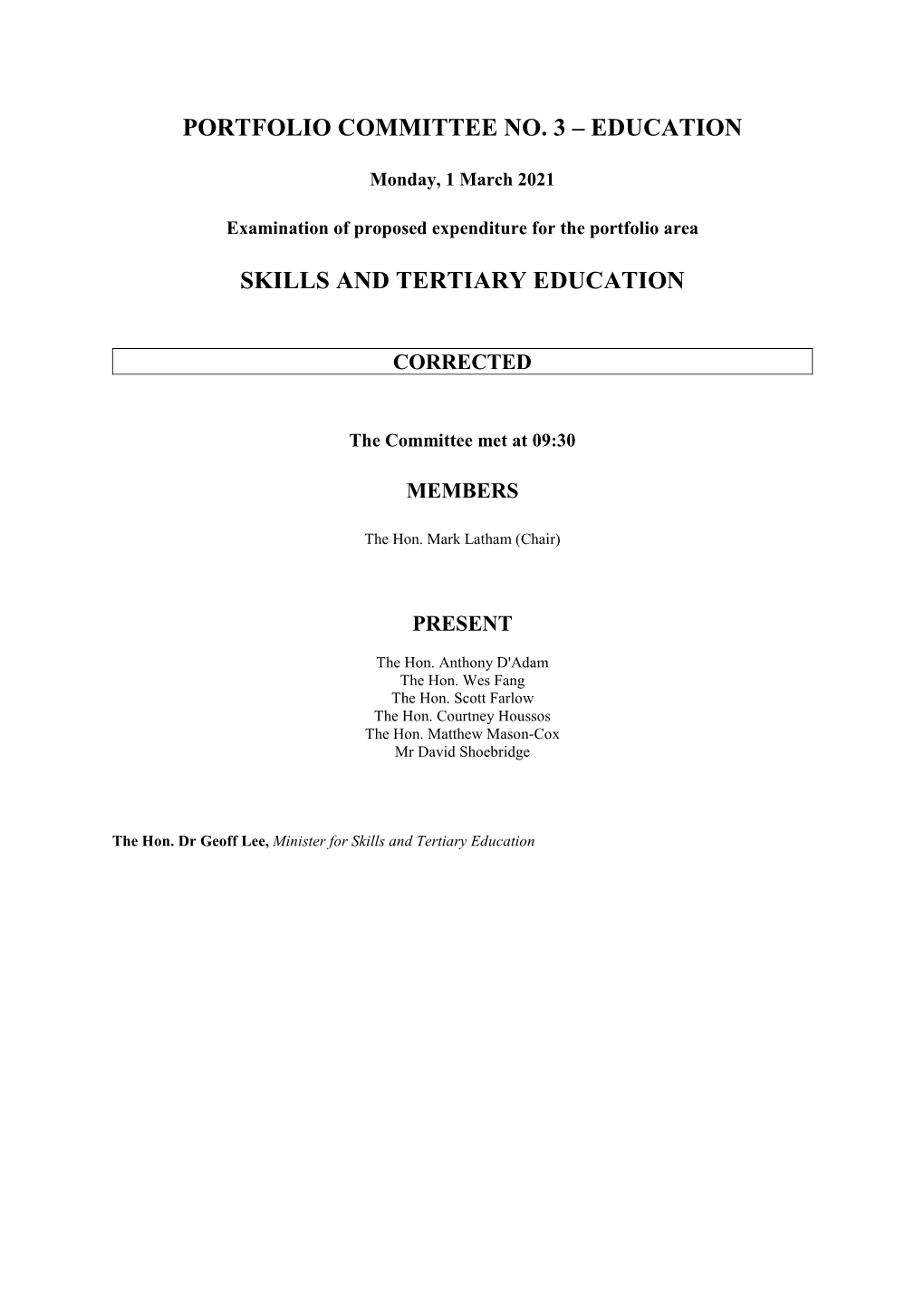 Portfolio Committee No. 3 – Education Skills and Tertiary Education