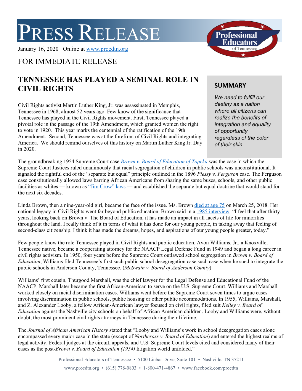 PRESS RELEASE January 16, 2020 Online at for IMMEDIATE RELEASE