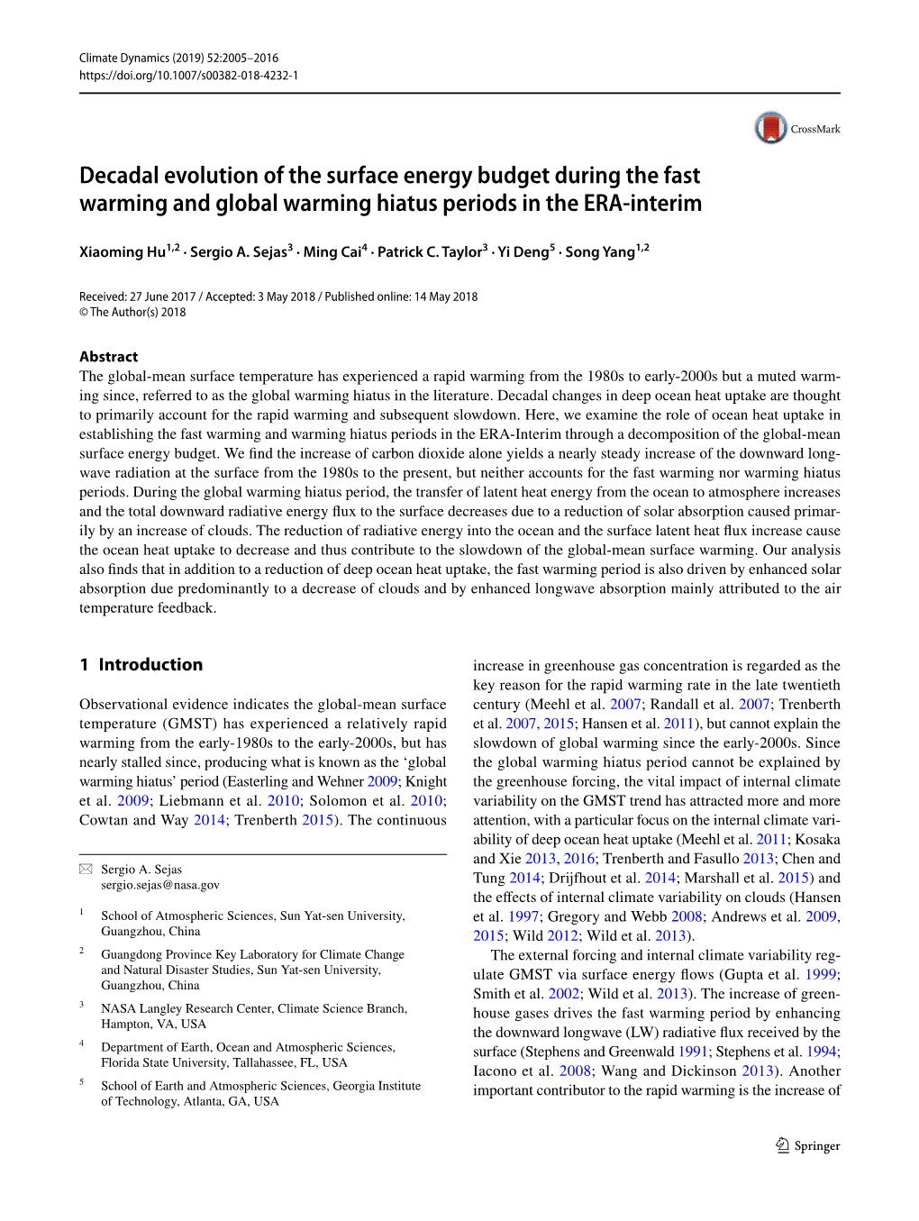 Decadal Evolution of the Surface Energy Budget During the Fast Warming and Global Warming Hiatus Periods in the ERA-Interim