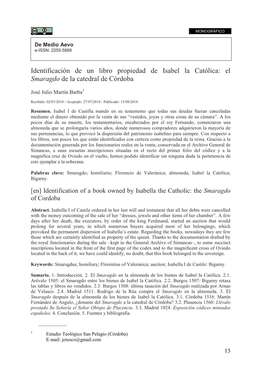 Identificación De Un Libro Propiedad De Isabel La Católica: El Smaragdo De La Catedral De Córdoba