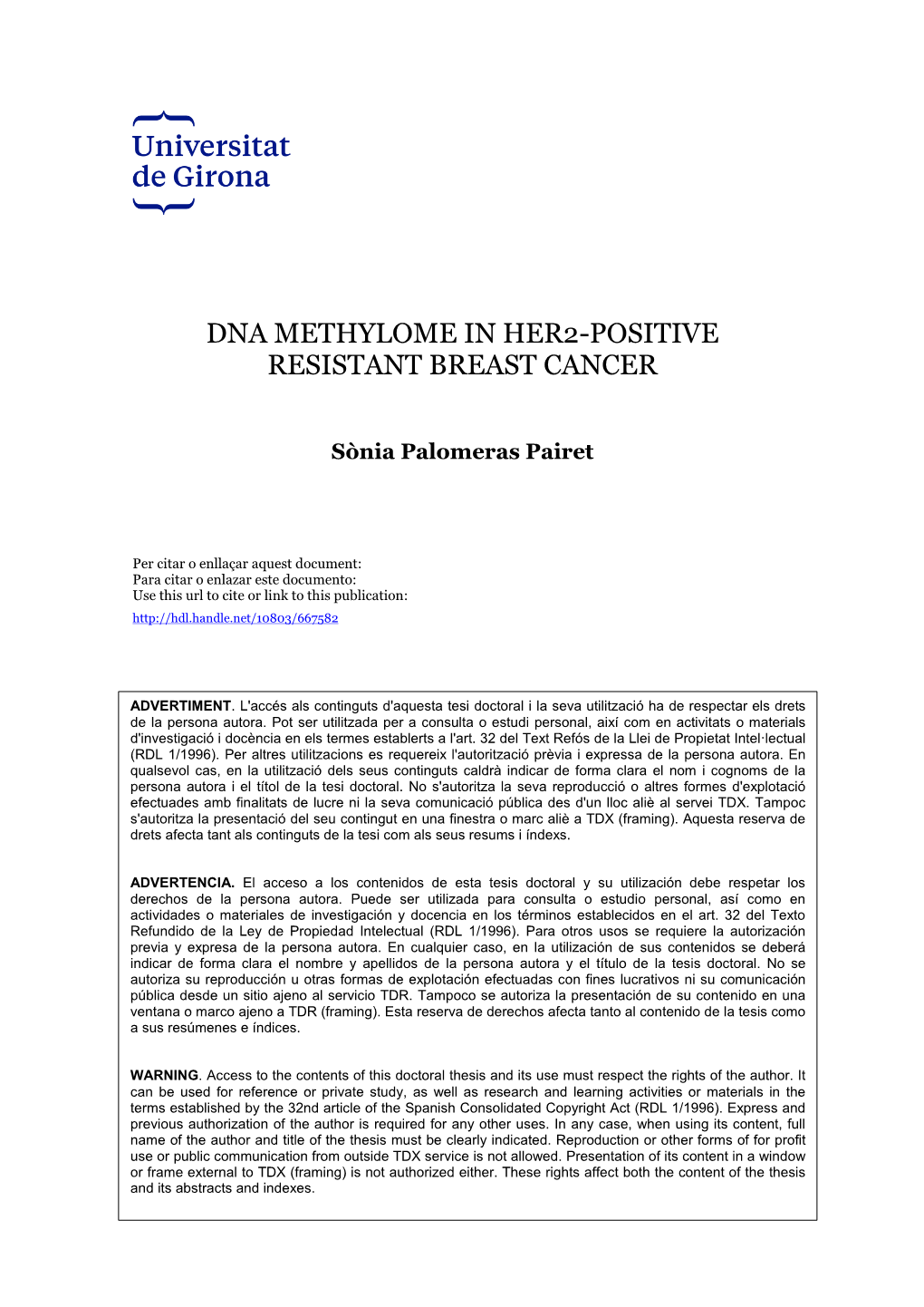 Dna Methylome in Her2-Positive Resistant Breast Cancer