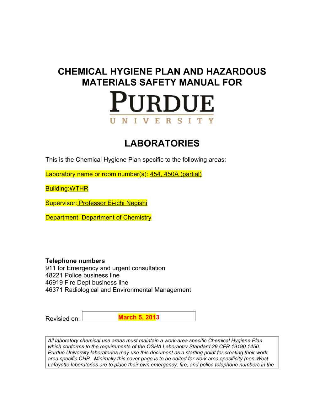 This Is the Chemical Hygiene Plan Specific to the Following Areas s3