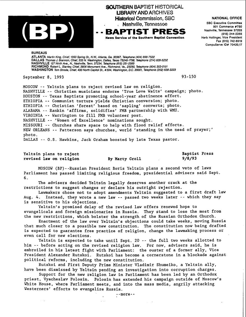 - BAPTIST PRESS (615) 244-2355 Nmws Smrvicm of the Southern Baptist Convmntion Herb Hollinger, Vice President Fax (615) 742-8919 Compuserve ID# 70420,17