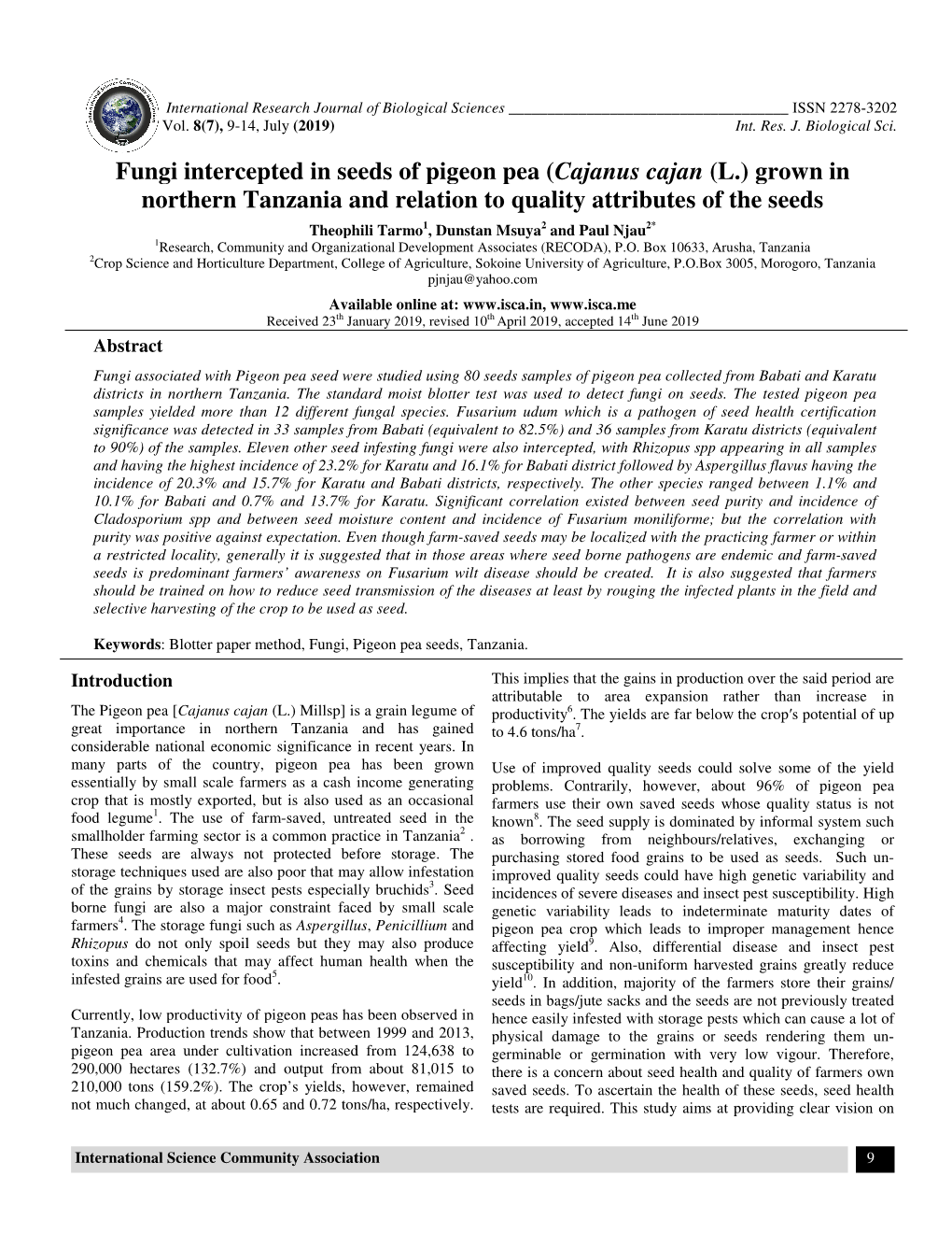 Fungi Intercepted in Seeds of Pigeo Northern Tanzania and Relation