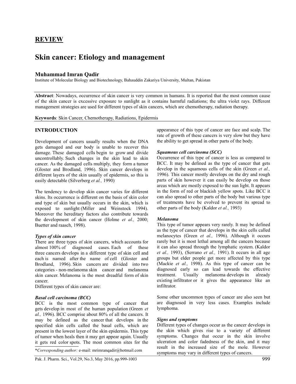 Skin Cancer: Etiology and Management