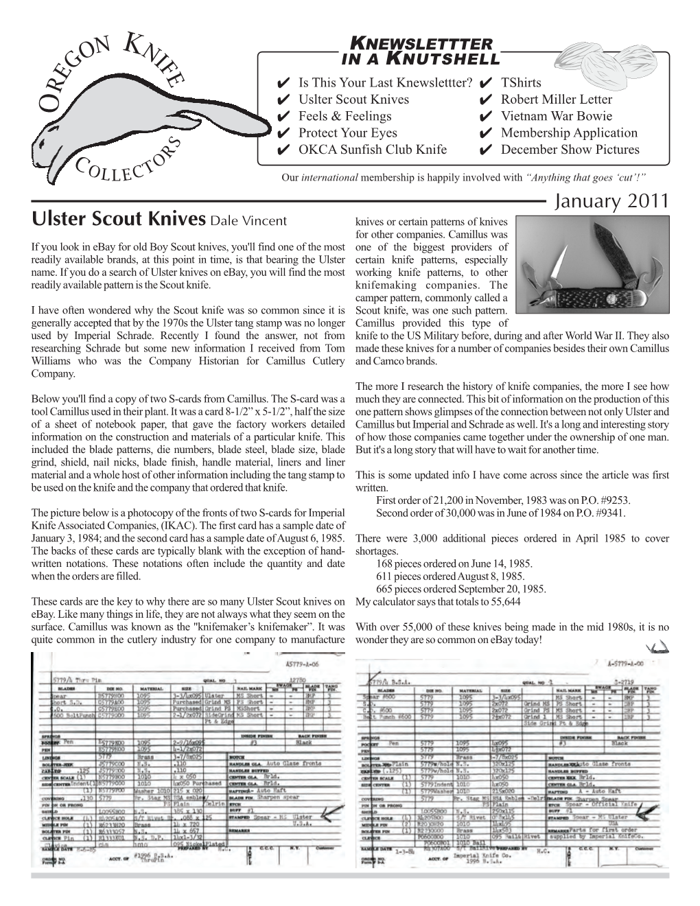 January 2011 Ulster Scout Knives Dale Vincent Knives Or Certain Patterns of Knives for Other Companies