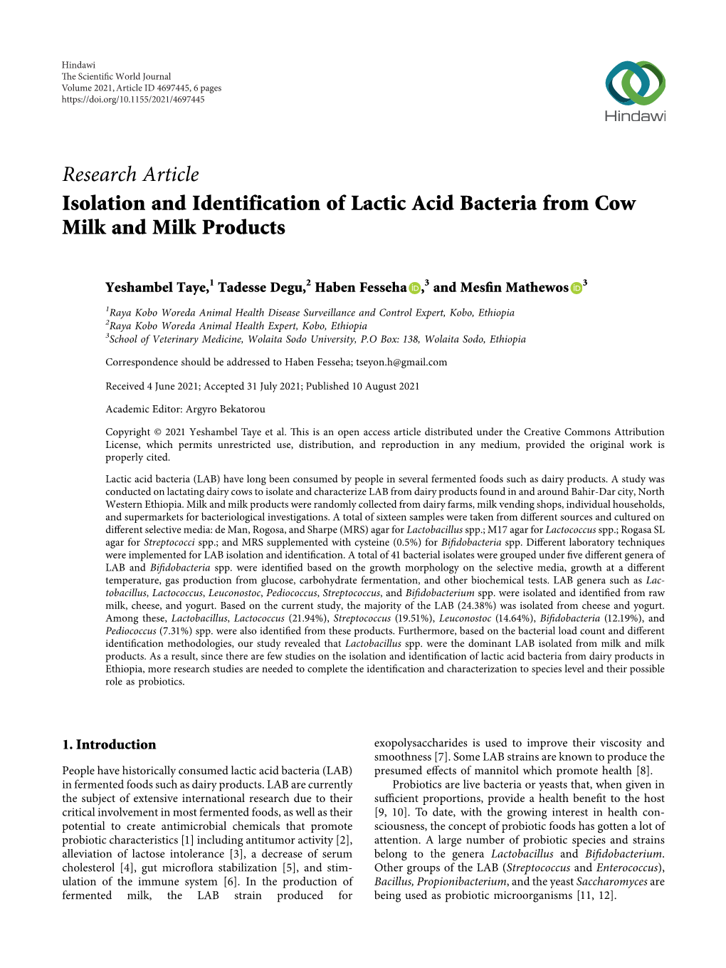Research Article Isolation and Identification of Lactic Acid Bacteria from Cow Milk and Milk Products