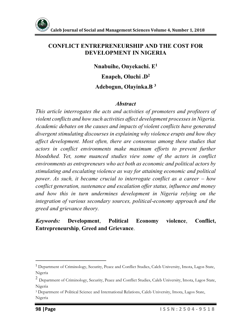 Conflict Entrepreneurship and the Cost for Development in Nigeria