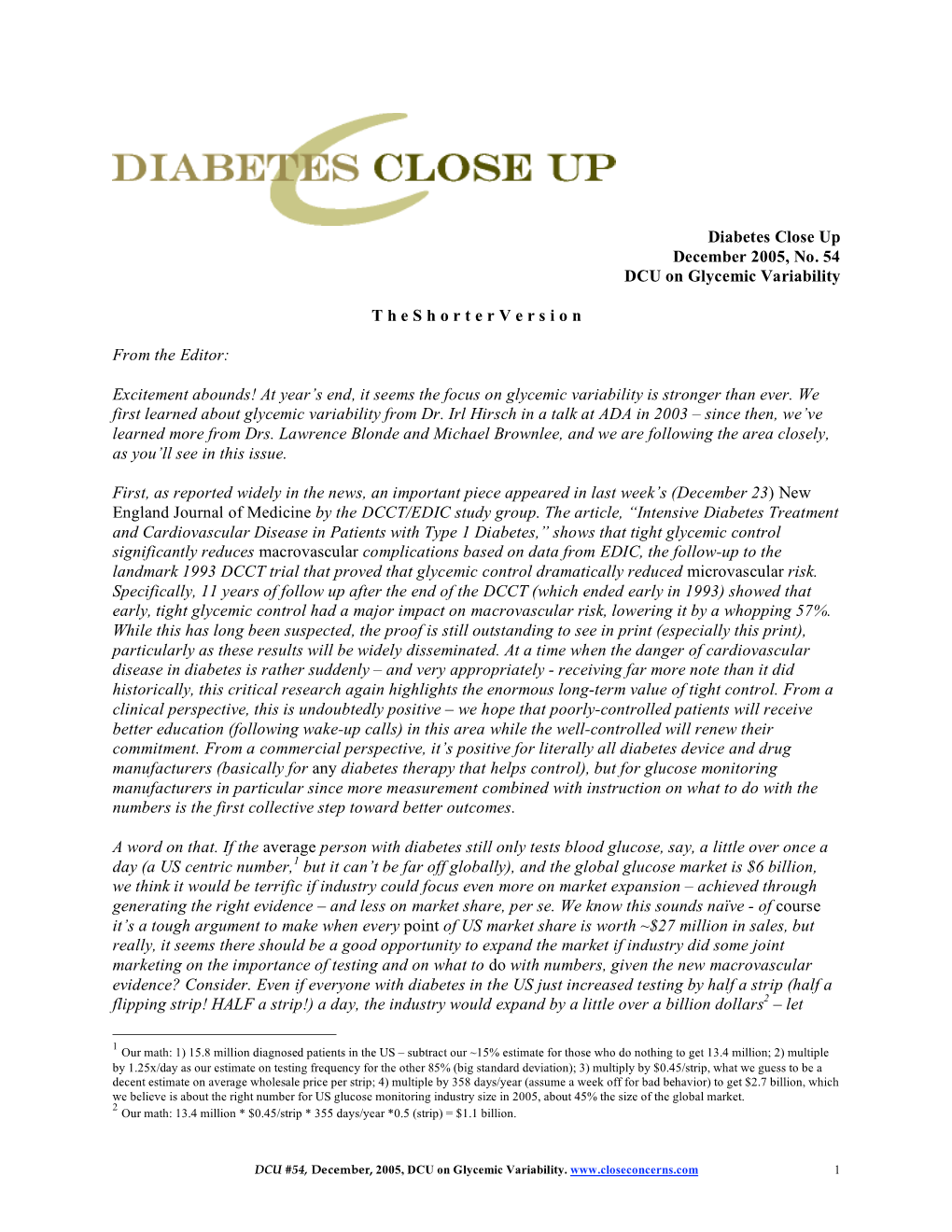 Diabetes Close up December 2005, No. 54 DCU on Glycemic Variability
