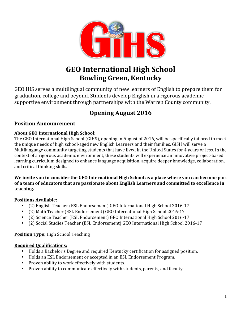 GEO International High School Bowling Green, Kentucky