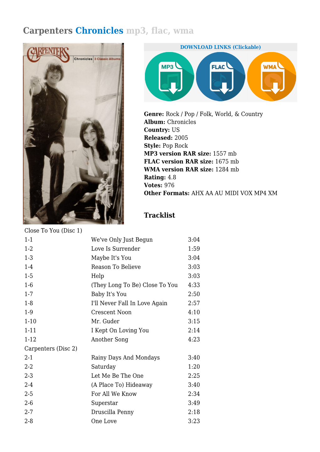 Carpenters Chronicles Mp3, Flac, Wma