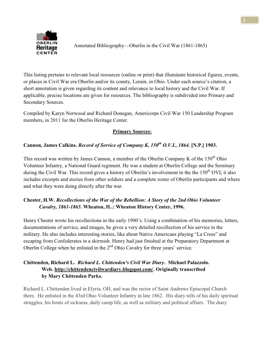 Annotated Bibliography—Oberlin in the Civil War (1861-1865)