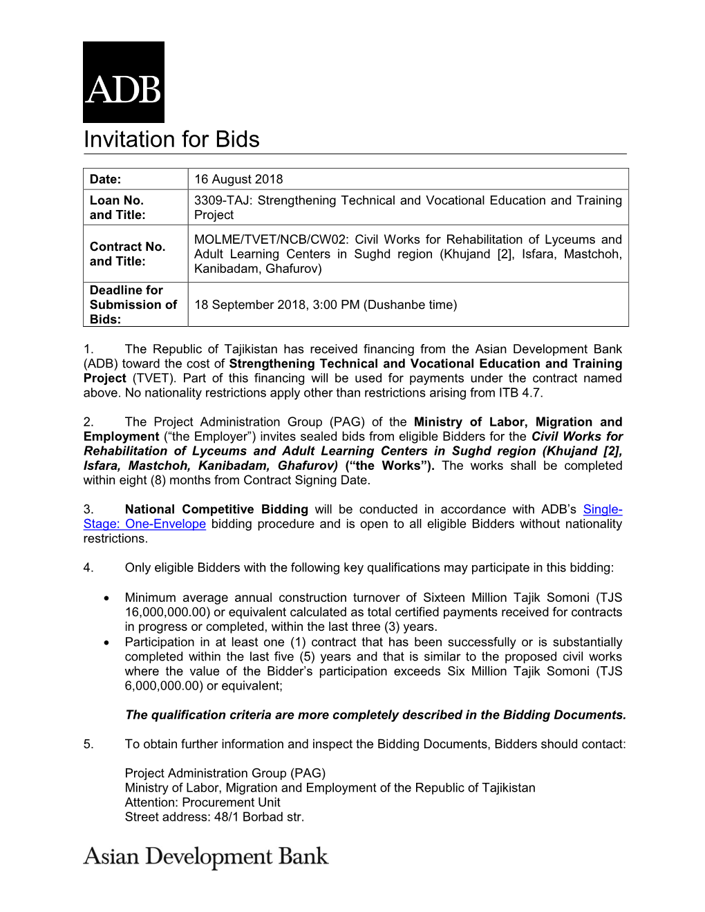 MOLME/TVET/NCB/CW02: Civil Works for Rehabilitation of Lyceums and Contract No