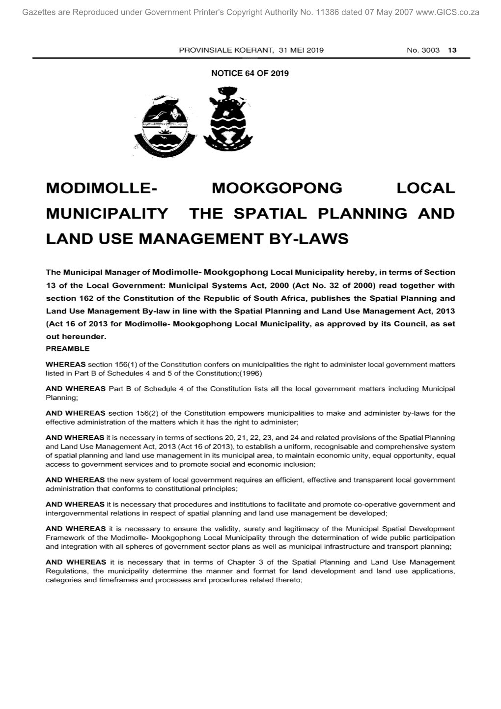 Mookgopong Local Municipality the Spatial Planning and Land Use Management By-Laws