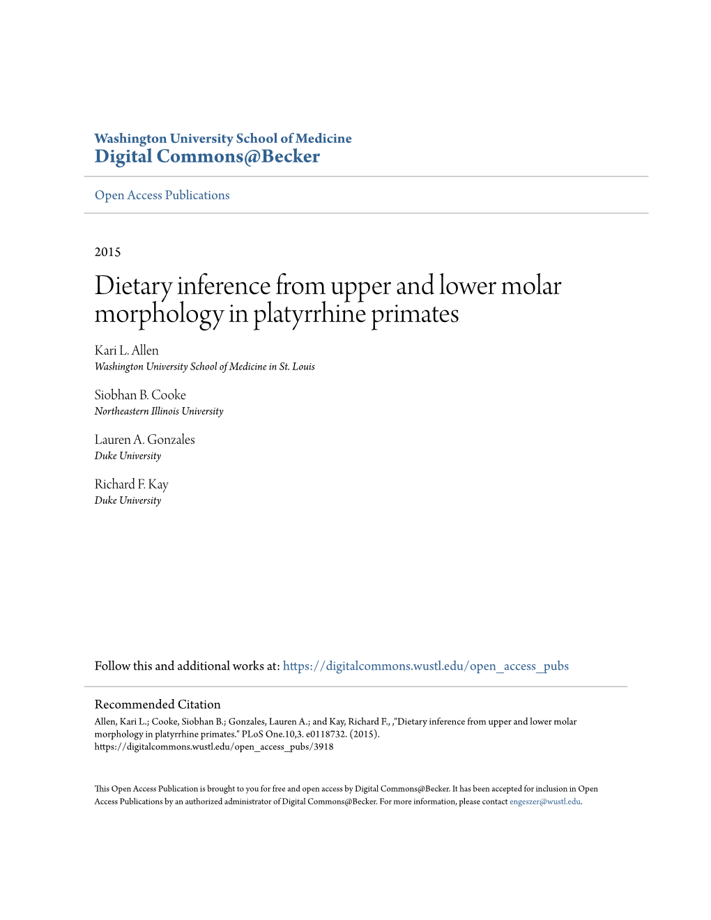 Dietary Inference from Upper and Lower Molar Morphology in Platyrrhine Primates Kari L