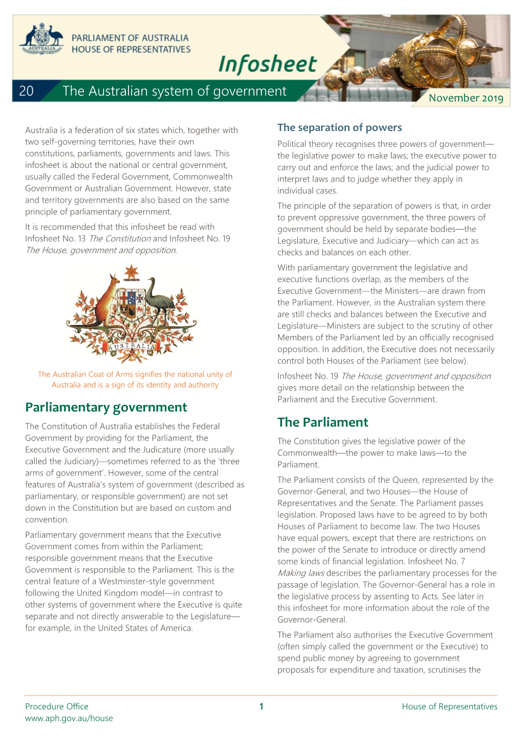 Infosheet 20 the Australian System of Government