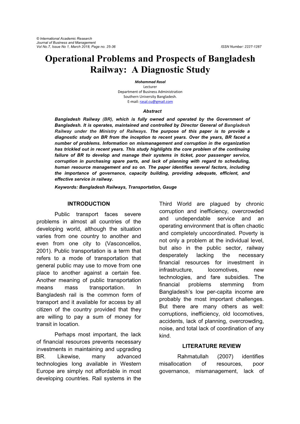 Operational Problems and Prospects of Bangladesh Railway: a Diagnostic Study