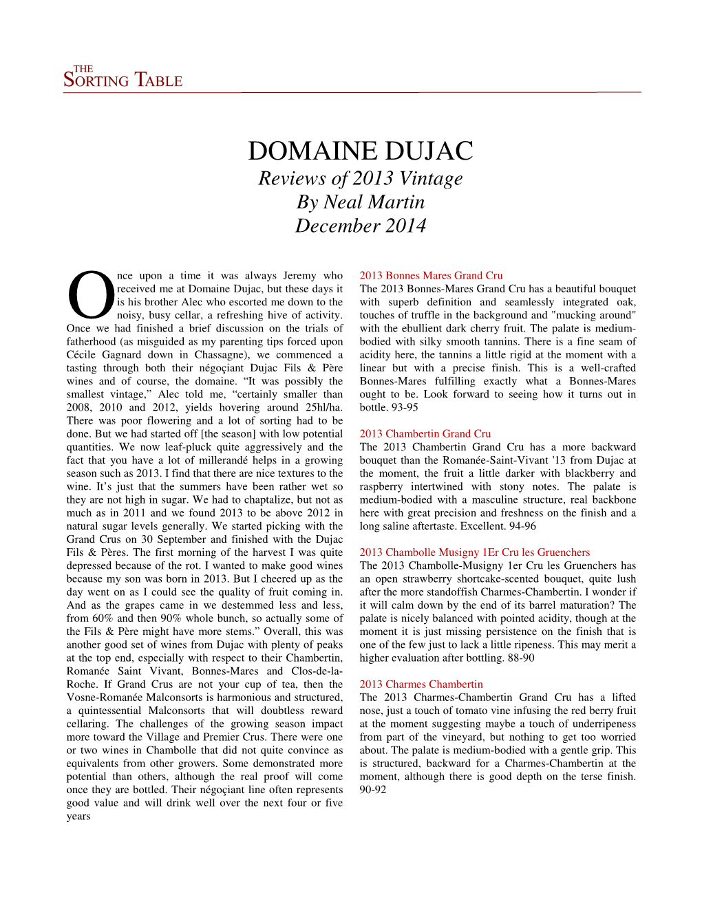 DOMAINE DUJAC Reviews of 2013 Vintage by Neal Martin December 2014