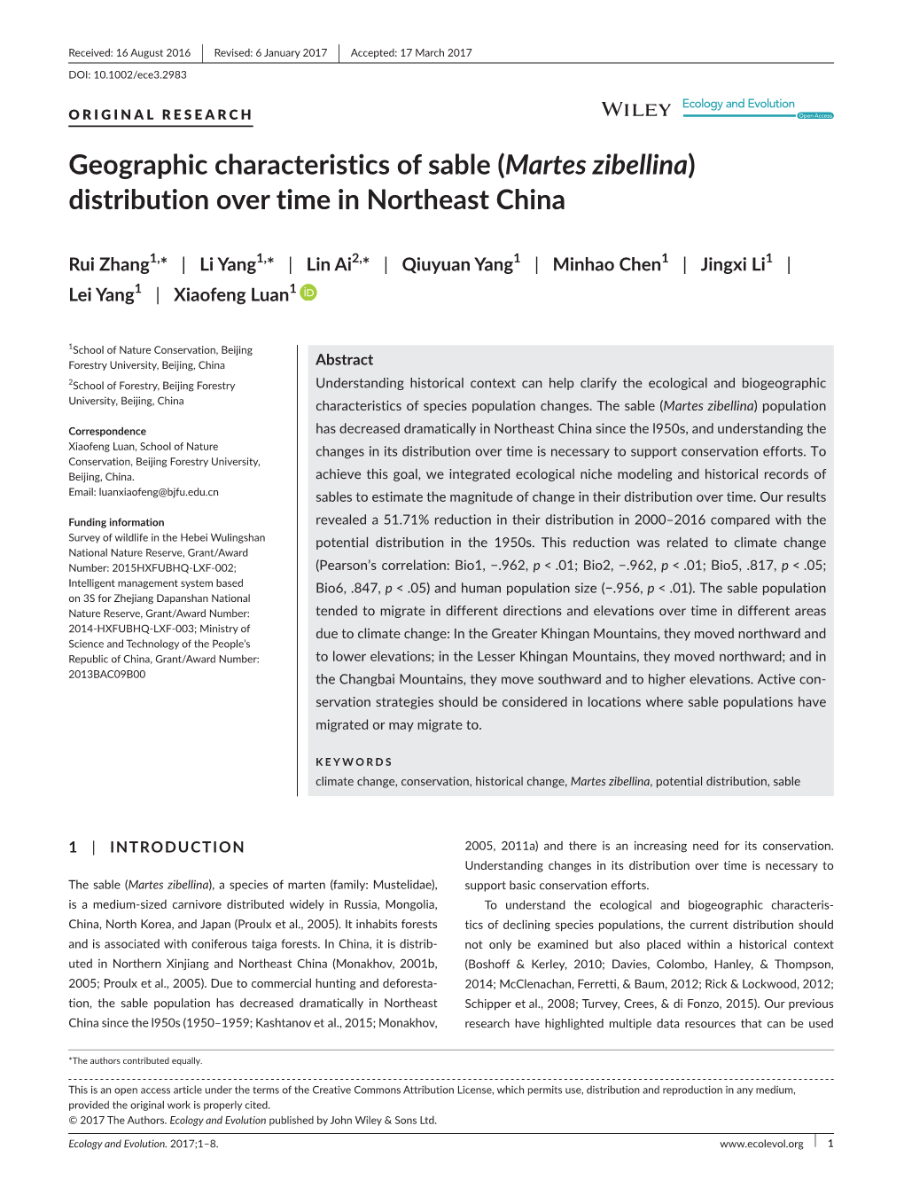 (Martes Zibellina) Distribution Over Time in Northeast China