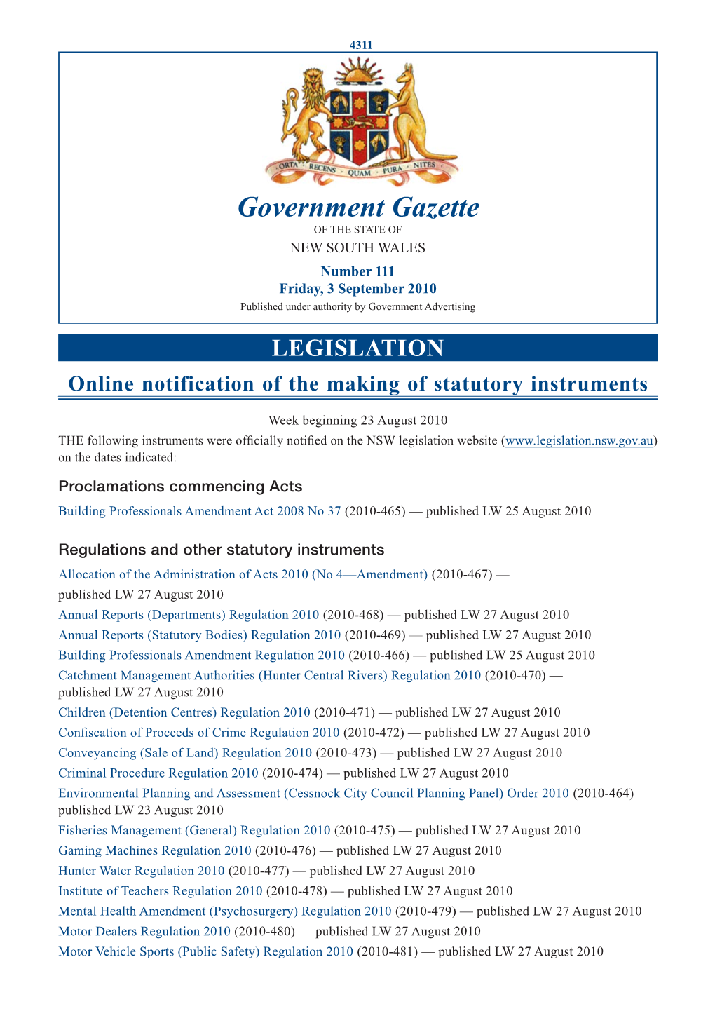 Government Gazette of the STATE of NEW SOUTH WALES Number 111 Friday, 3 September 2010 Published Under Authority by Government Advertising