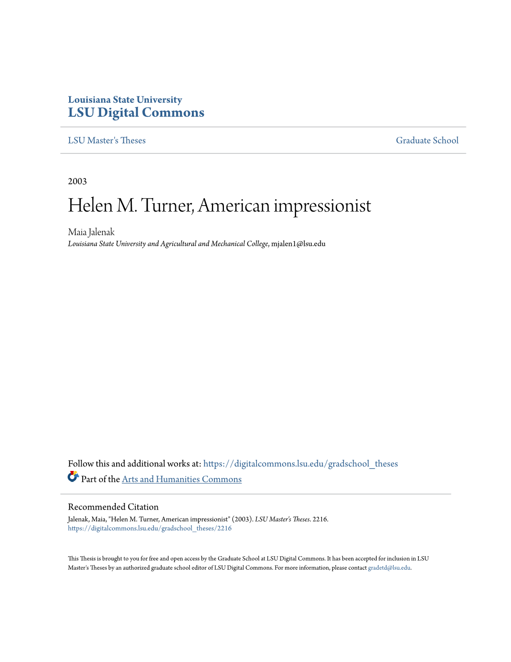 Helen M. Turner, American Impressionist Maia Jalenak Louisiana State University and Agricultural and Mechanical College, Mjalen1@Lsu.Edu