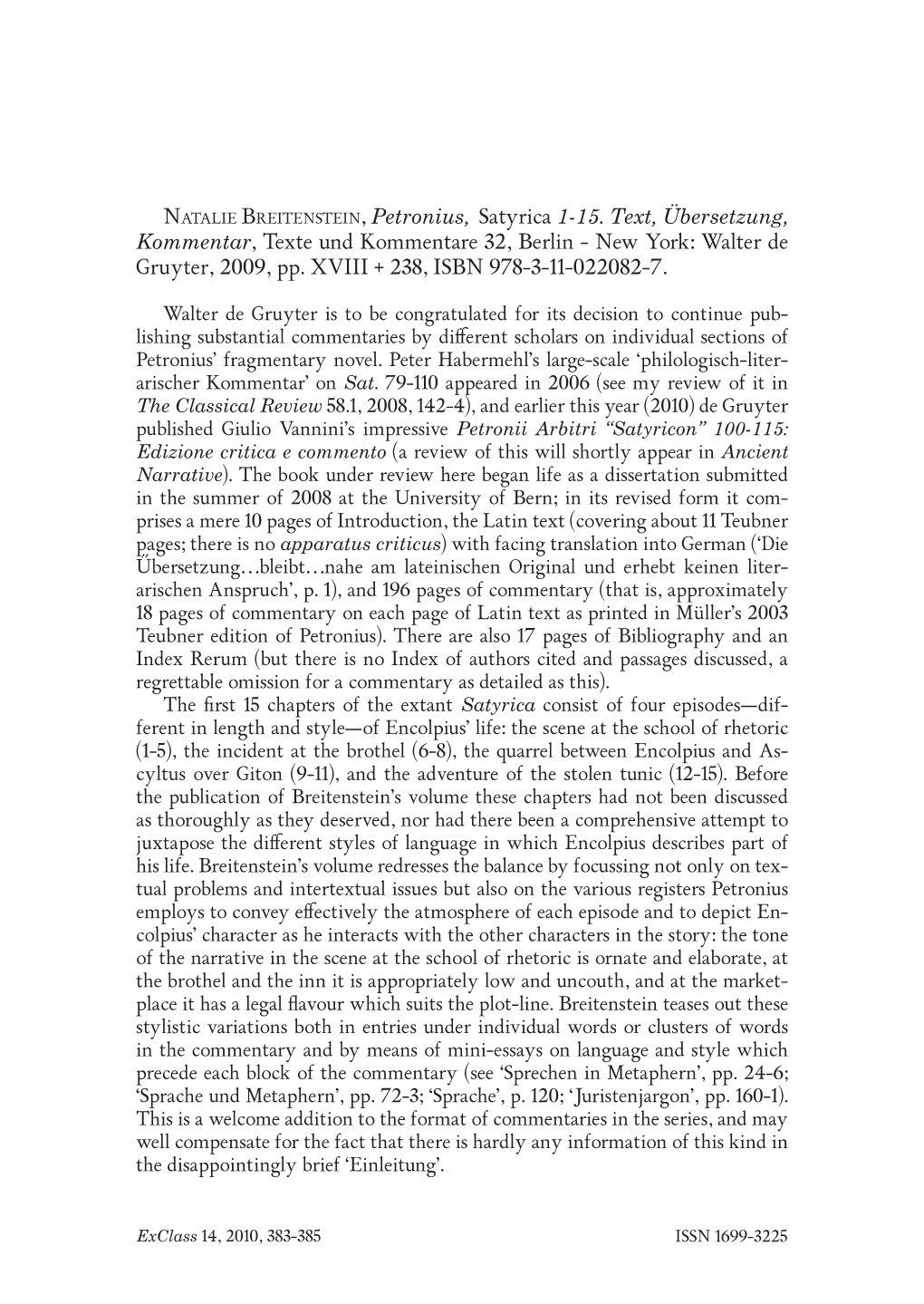 Natalie Breitenstein, Petronius, Satyrica 1-15. Text, Übersetzung