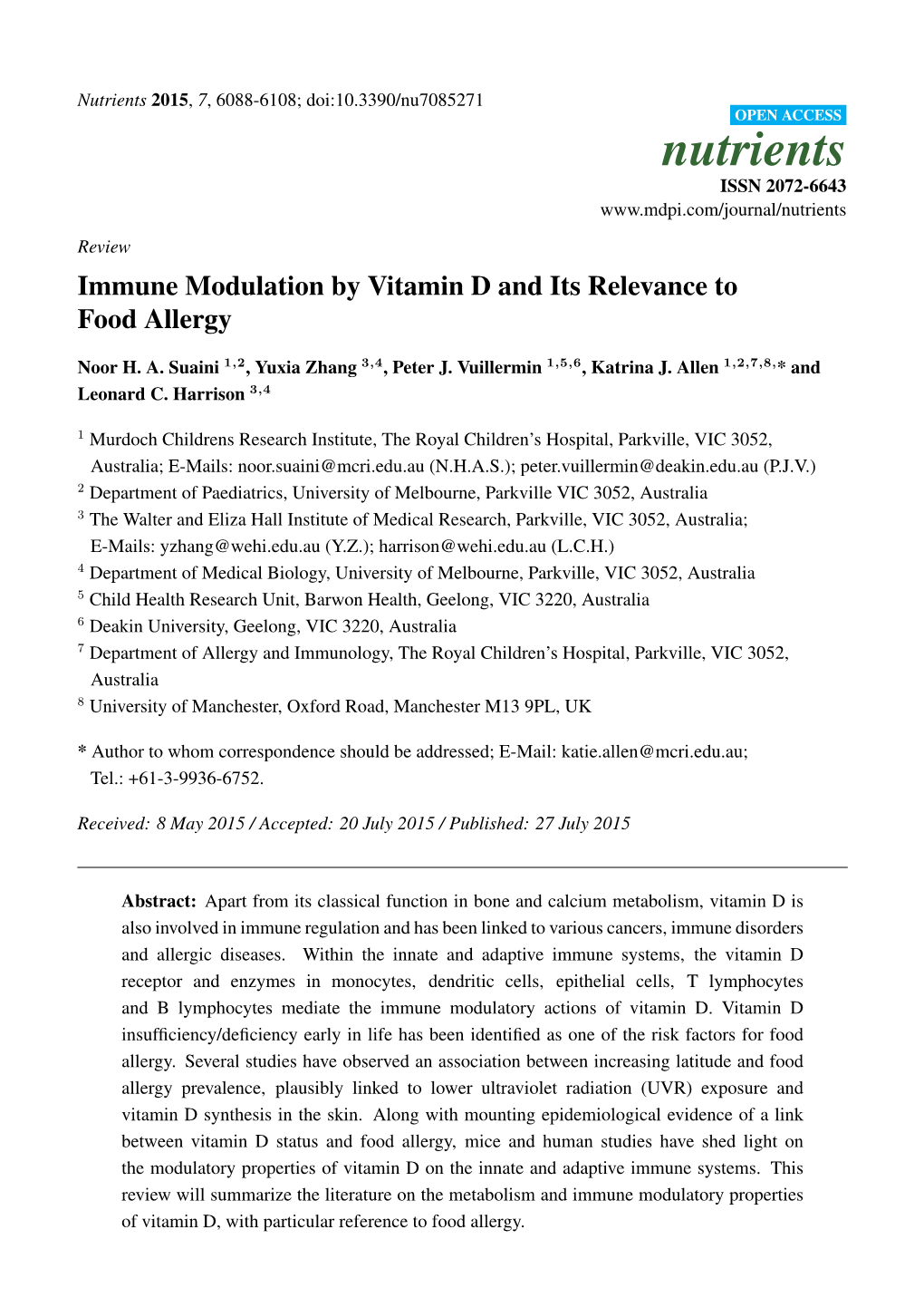 Immune Modulation by Vitamin D and Its Relevance to Food Allergy