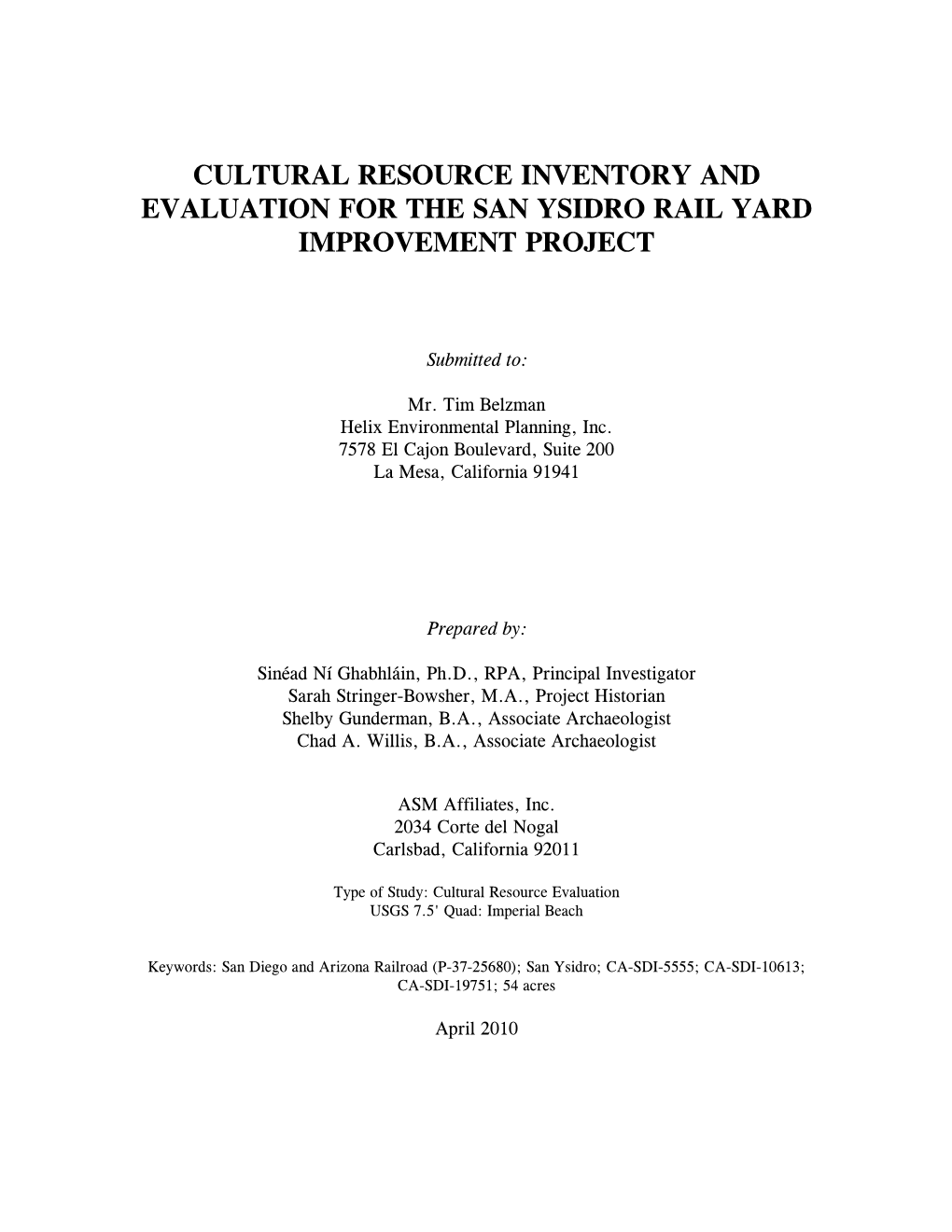 Cultural Resource Inventory For