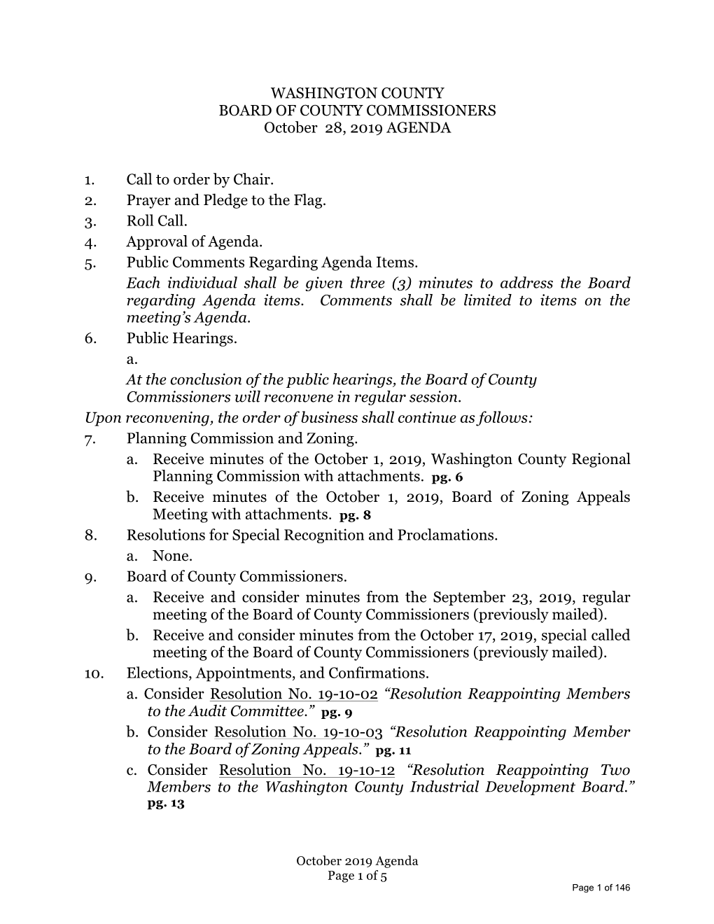 WASHINGTON COUNTY BOARD of COUNTY COMMISSIONERS October 28, 2019 AGENDA