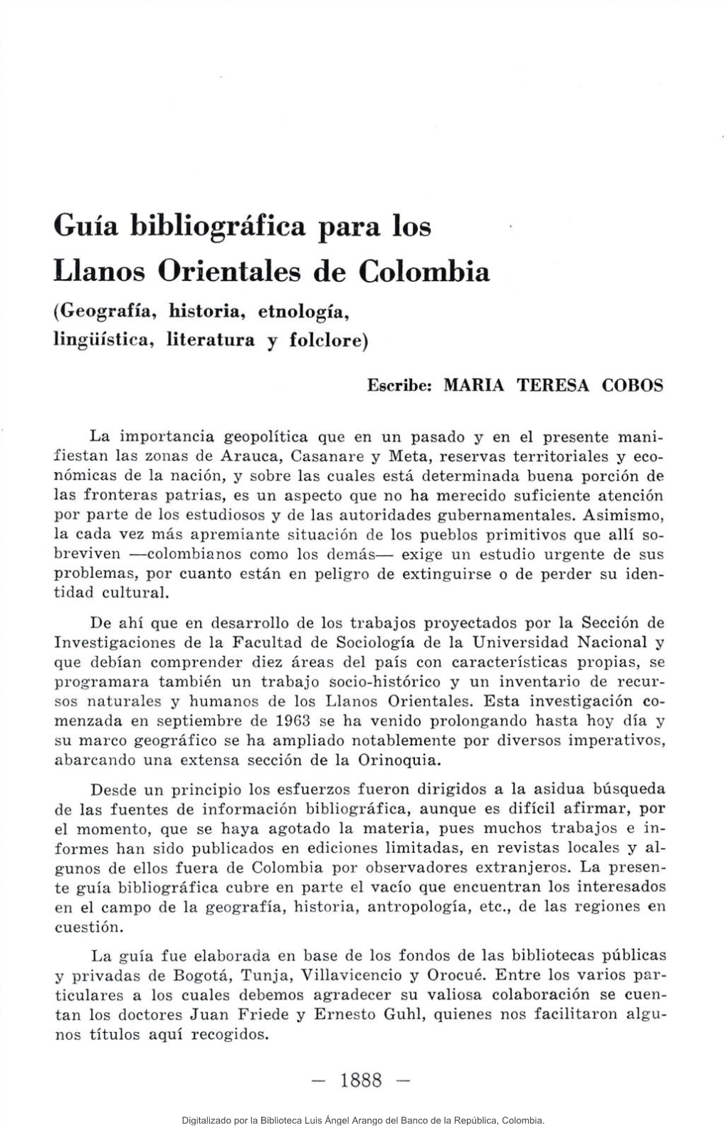 Guía Bibliográfica Para Los Llanos Orientales De Colombia (Geografía, Historia, Etnología, Lingüística, Literatura Y Folclore)