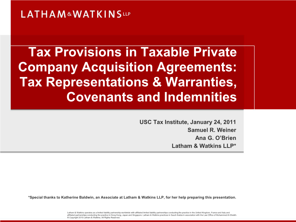 Tax Representations & Warranties, Covenants, and Indemnities