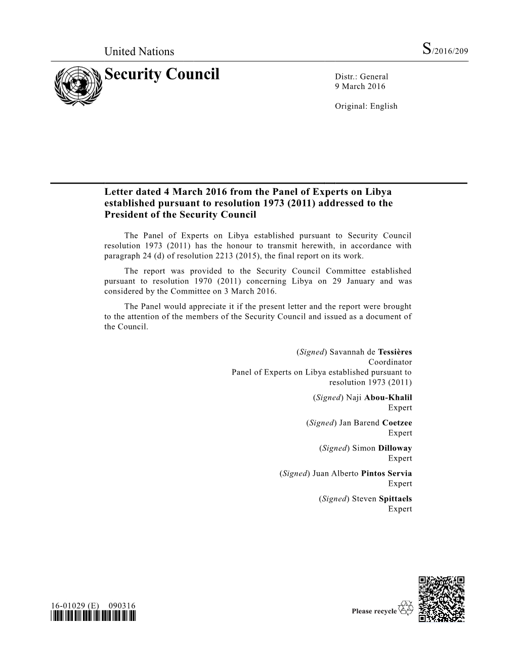 Libya Established Pursuant to Resolution 1973 (2011) Addressed to the President of the Security Council