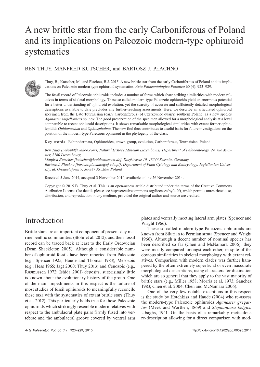 A New Brittle Star from the Early Carboniferous of Poland and Its Implications on Paleozoic Modern-Type Ophiuroid Systematics