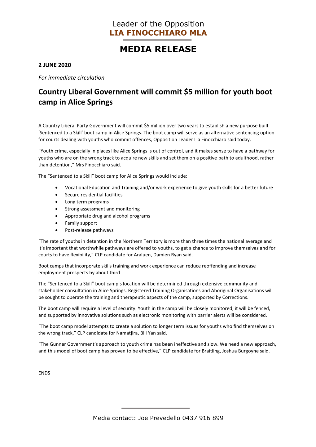 MEDIA RELEASE Country Liberal Government Will Commit $5 Million