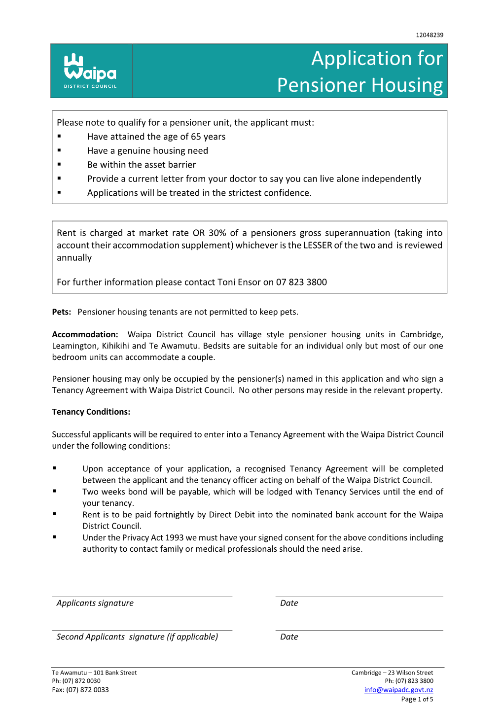 Application for Pensioner Housing