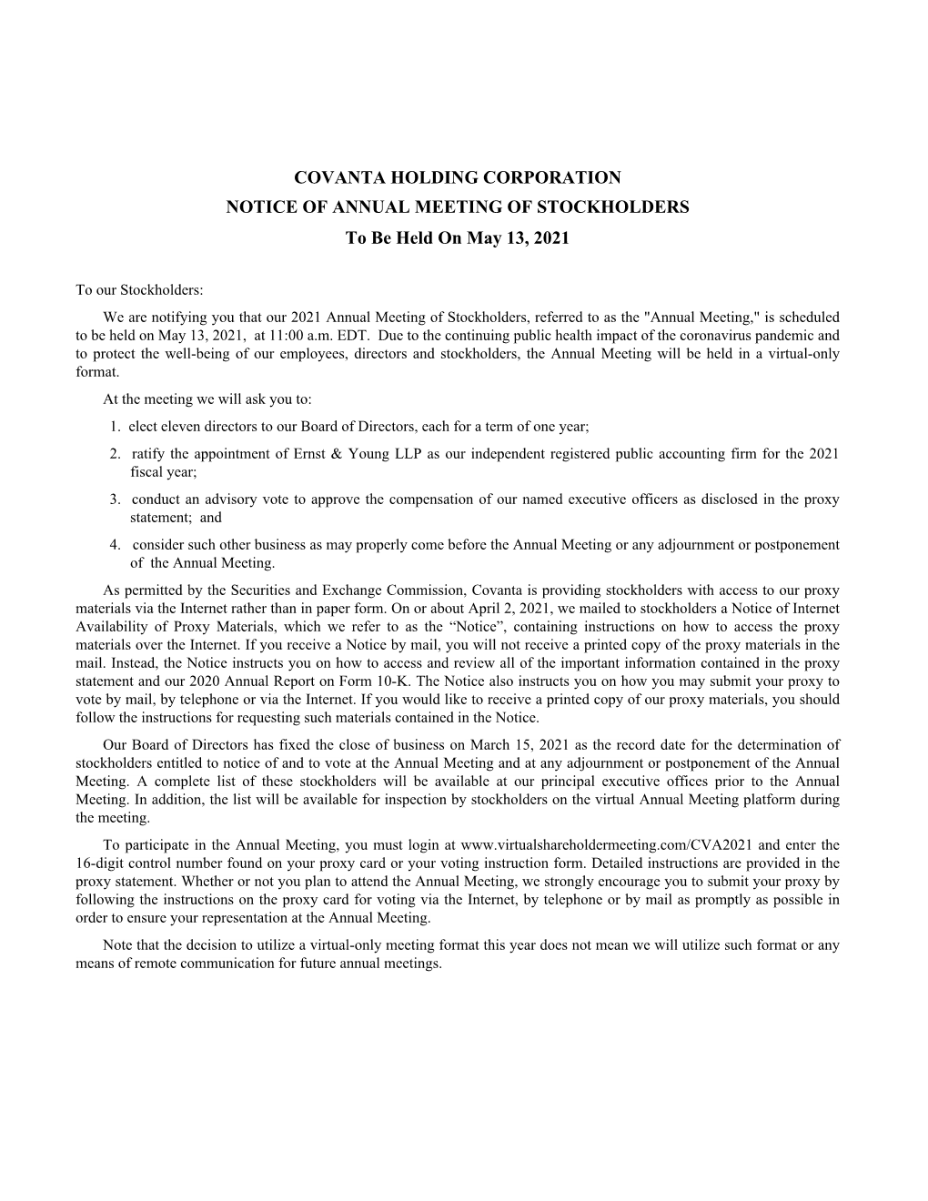 COVANTA HOLDING CORPORATION NOTICE of ANNUAL MEETING of STOCKHOLDERS to Be Held on May 13, 2021