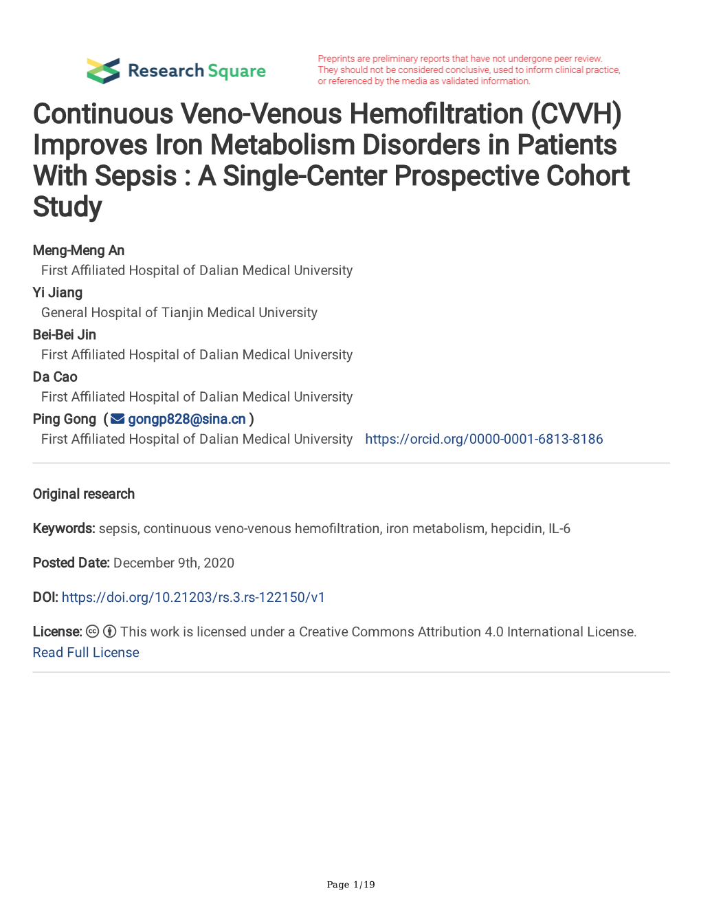 (CVVH) Improves Iron Metabolism Disorders in Patients with Sepsis : a Single-Center Prospective Cohort Study