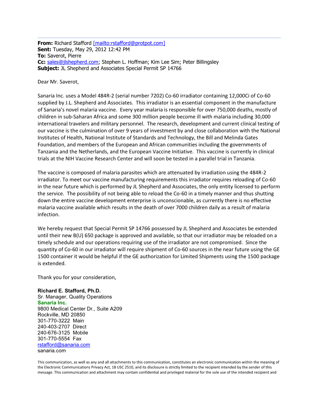 Sanaria Inc. Support Letter for J.L. Shepherd & Associates for Their