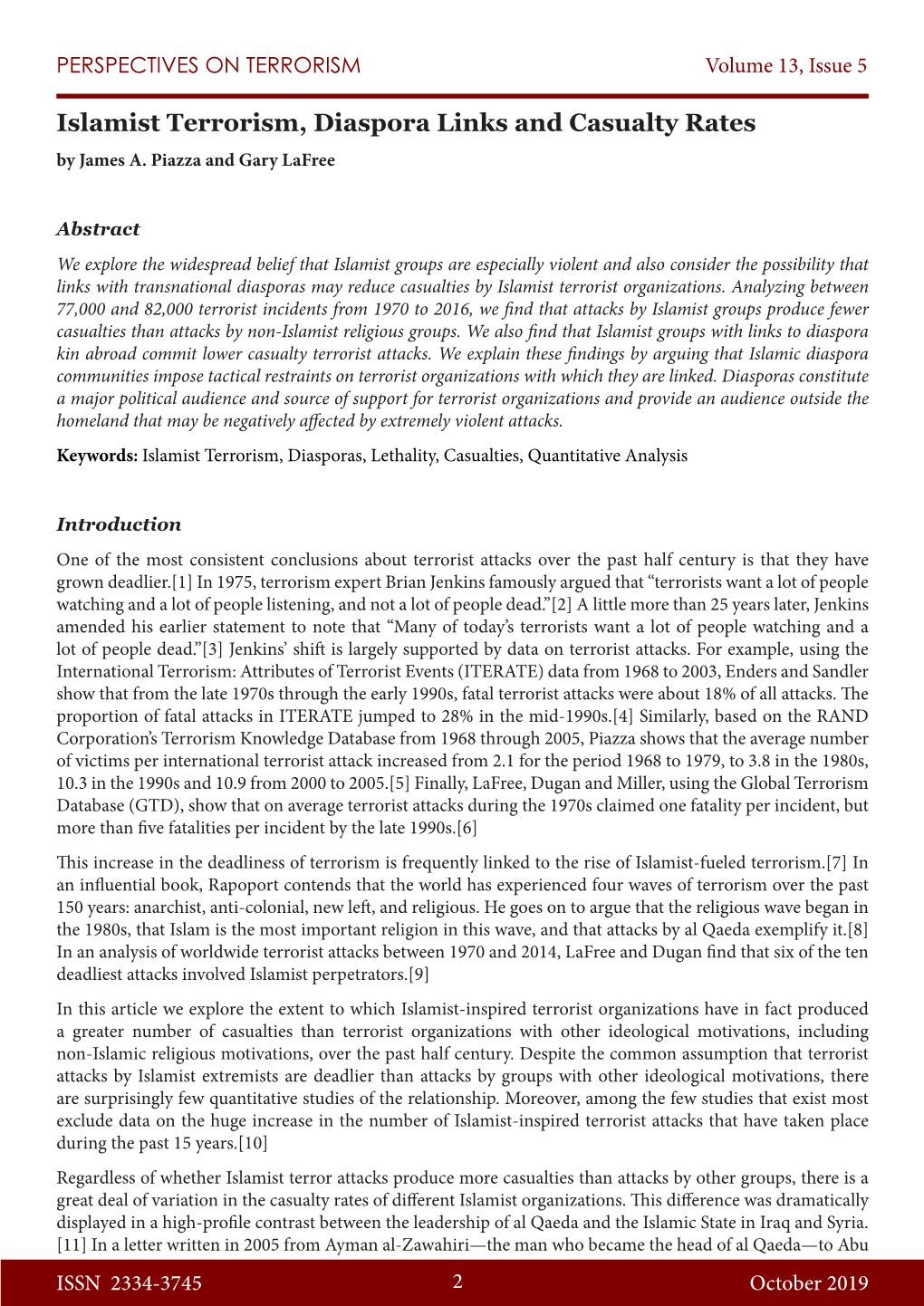 Islamist Terrorism, Diaspora Links and Casualty Rates by James A