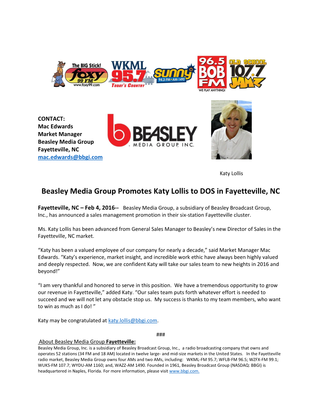 Beasley Media Group Promotes Katy Lollis to DOS in Fayetteville, NC