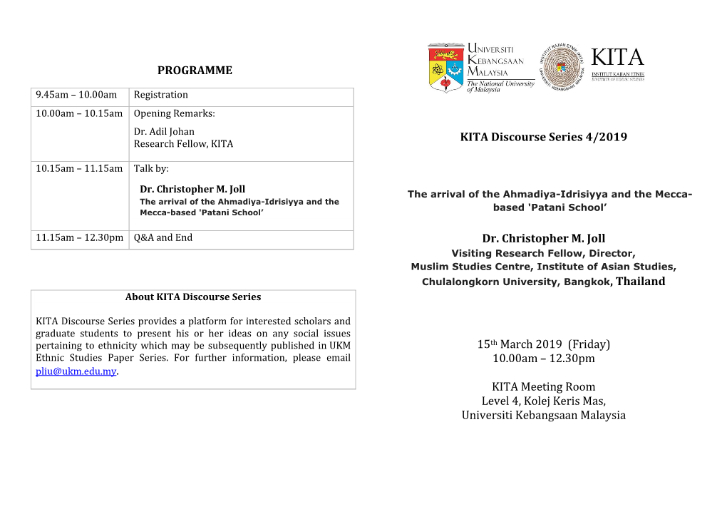 PROGRAMME KITA Discourse Series 4/2019 Dr. Christopher M