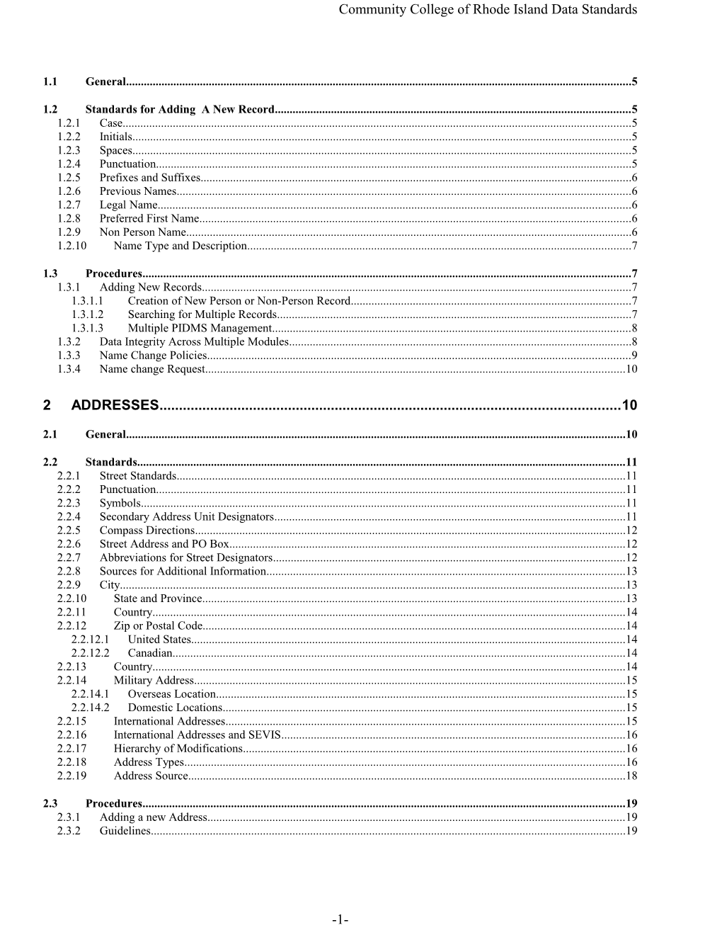 Community College of Rhode Island Data Standards