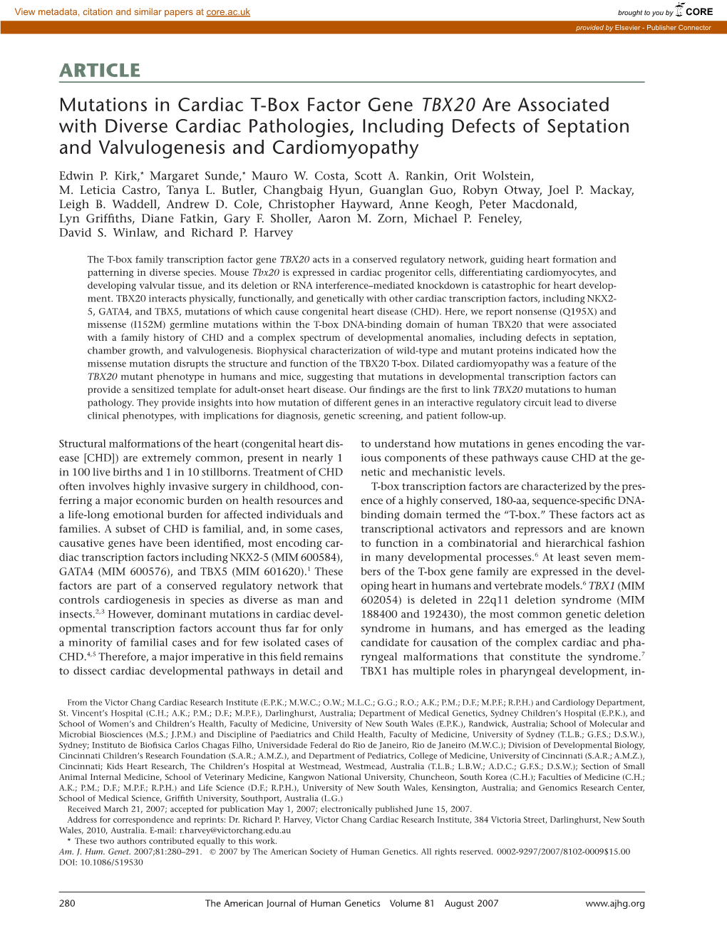 ARTICLE Mutations in Cardiac T-Box Factor Gene TBX20 Are Associated