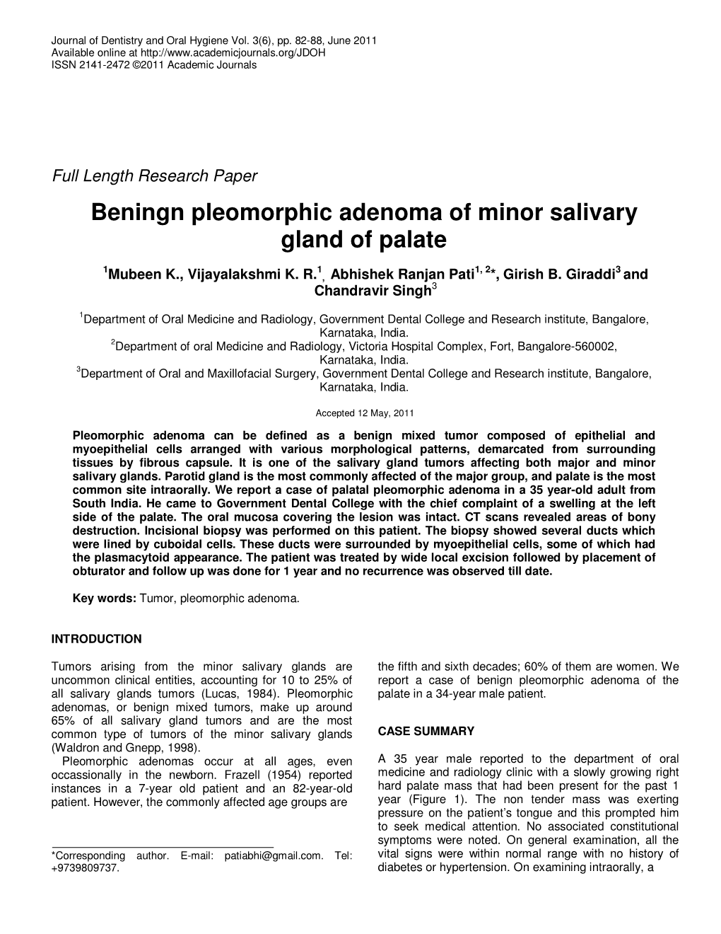 Beningn Pleomorphic Adenoma of Minor Salivary Gland of Palate