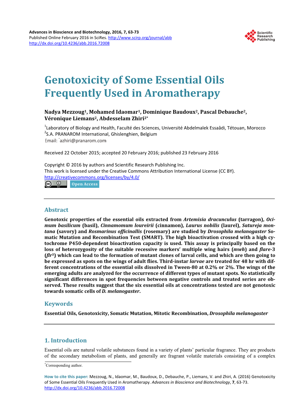 Genotoxicity of Some Essential Oils Frequently Used in Aromatherapy