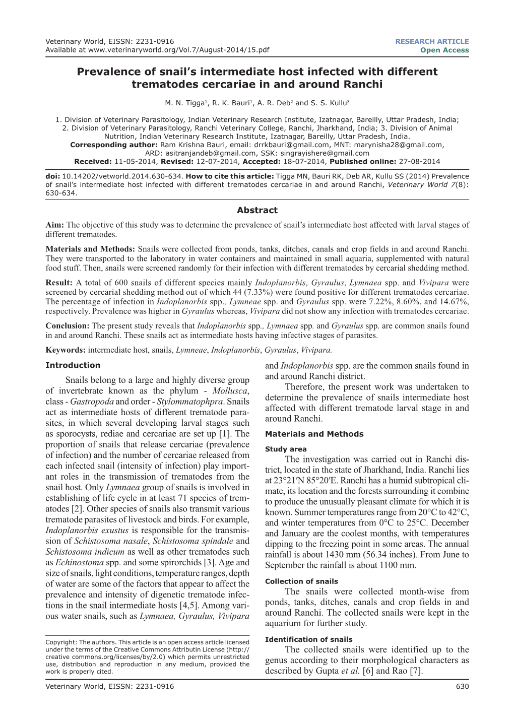 Prevalence of Snail's Intermediate Host Infected with Different Trematodes