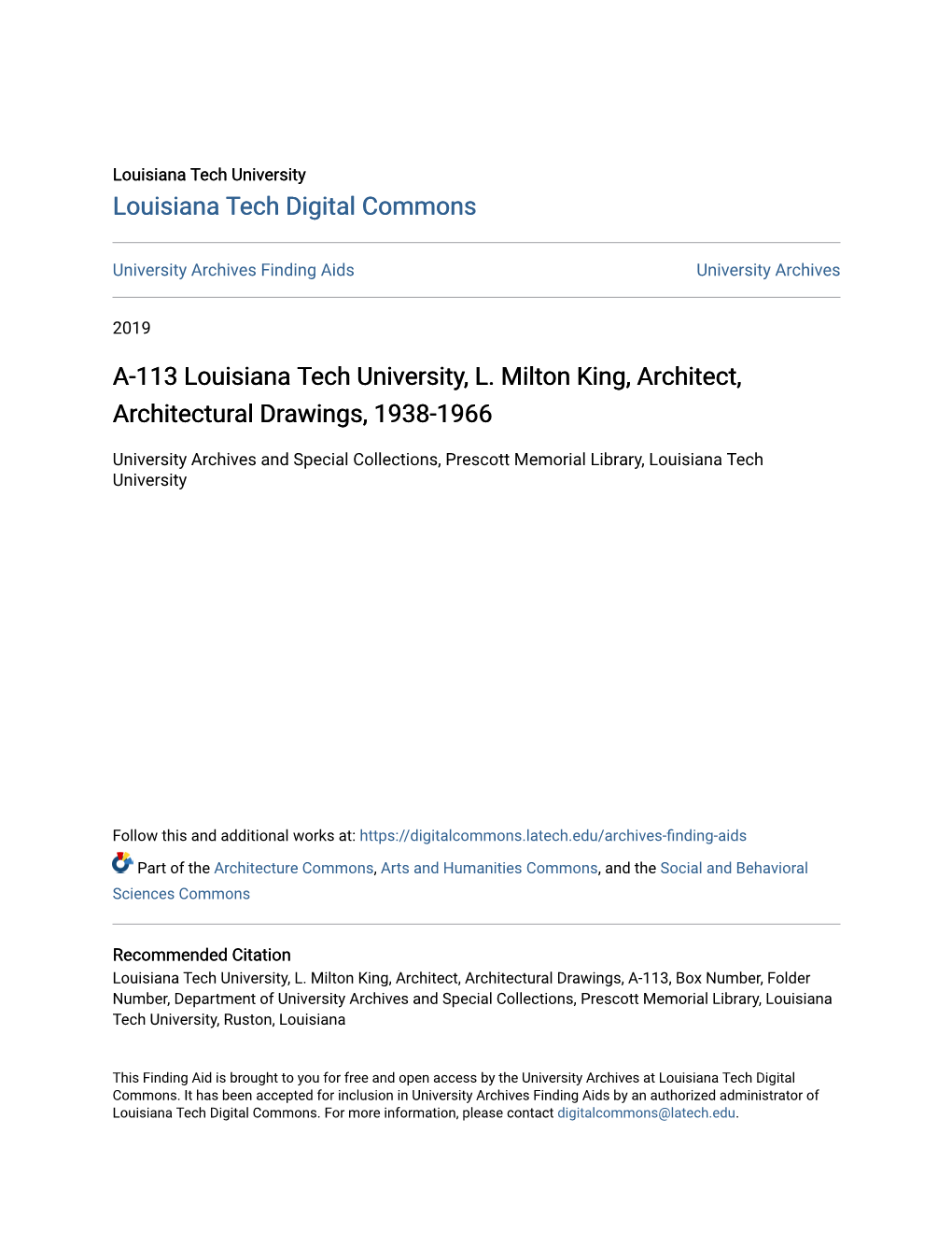 A-113 Louisiana Tech University, L. Milton King, Architect, Architectural Drawings, 1938-1966