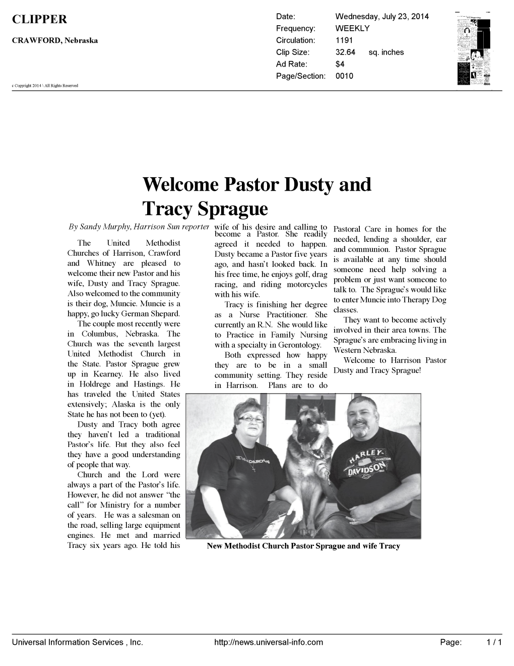 Welcome Pastor Dusty and Tracy Sprague by Sandy Murphy, Reporter Wife of His Desire and Calling to Harrison Sun Readily Pastoral Care in Homes for the Become a Pastor